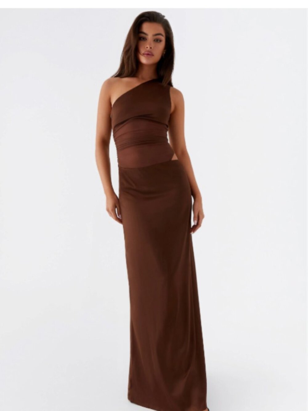 Peppermayo Juliette Chocolate One Shoulder Mesh Cutout Maxi Dress US 6